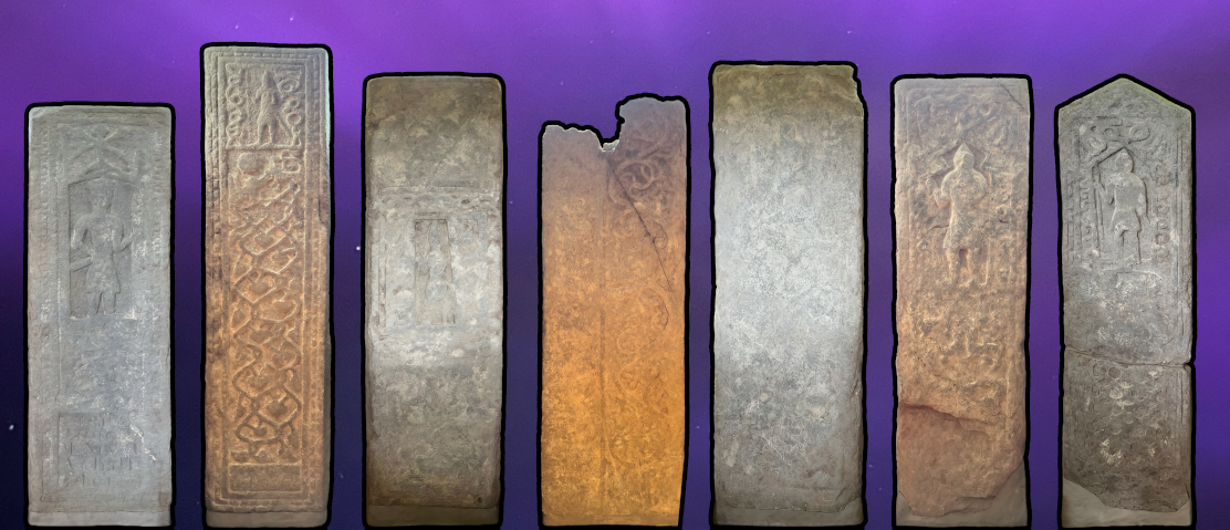 A composite image showing all seven carved slabs side by side, each isolated from its background, so the warrior figures, interlace and foliage patterns can be compared.