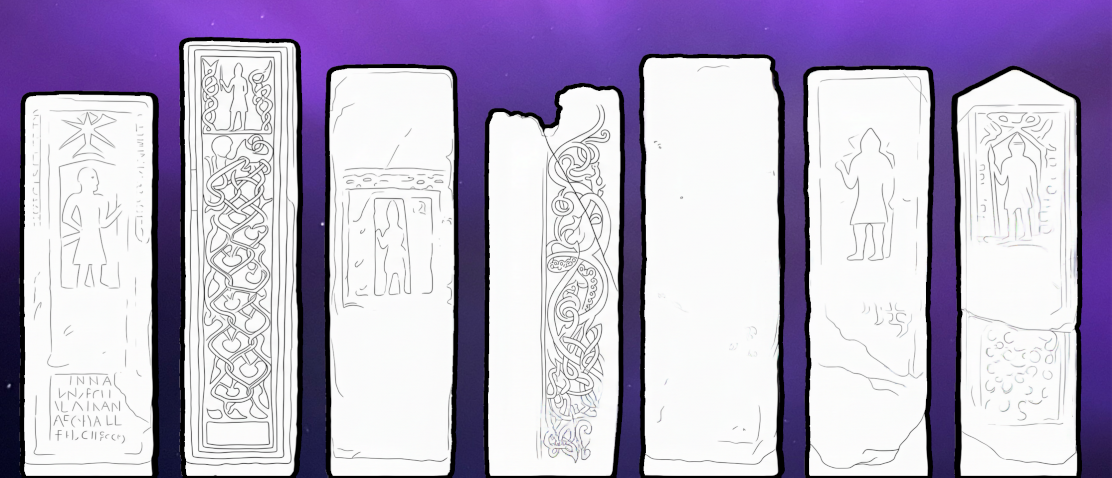The same seven slabs with their carving traced out in fine lines, so the warrior figures, interlace and foliage patterns stand out more clearly than on the worn stone.