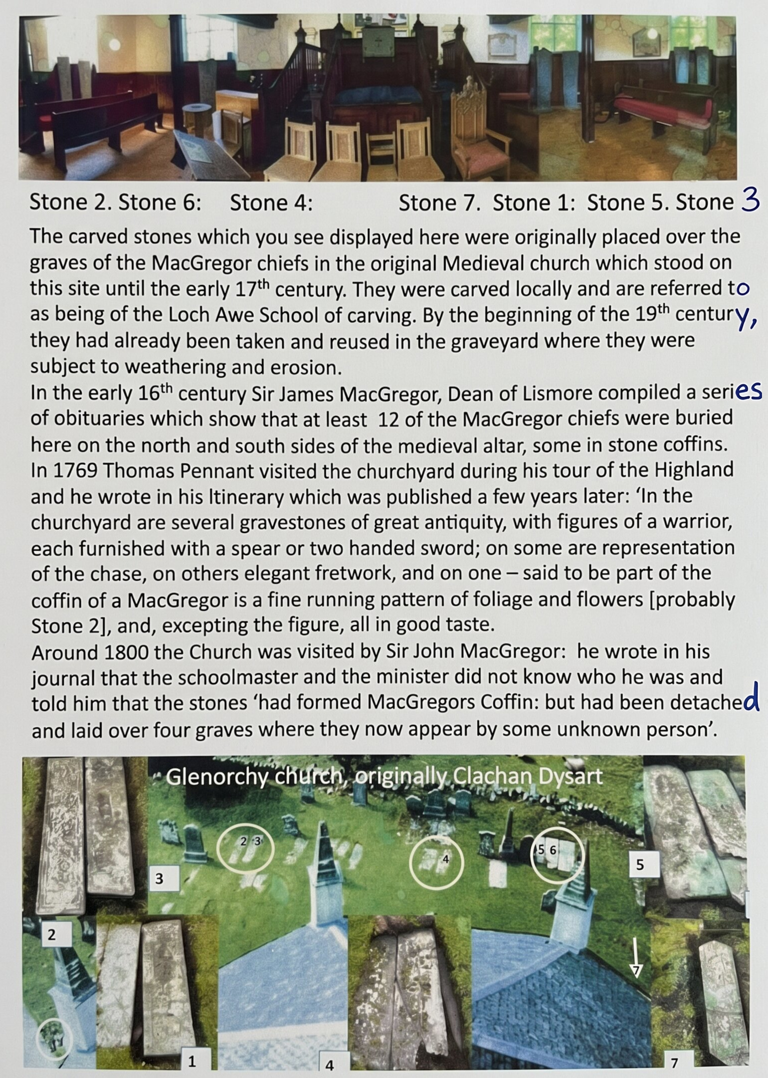 The church's guide sheet for the stones: a photograph of the slabs laid out and numbered one to seven, above explanatory text and a keyed plan.