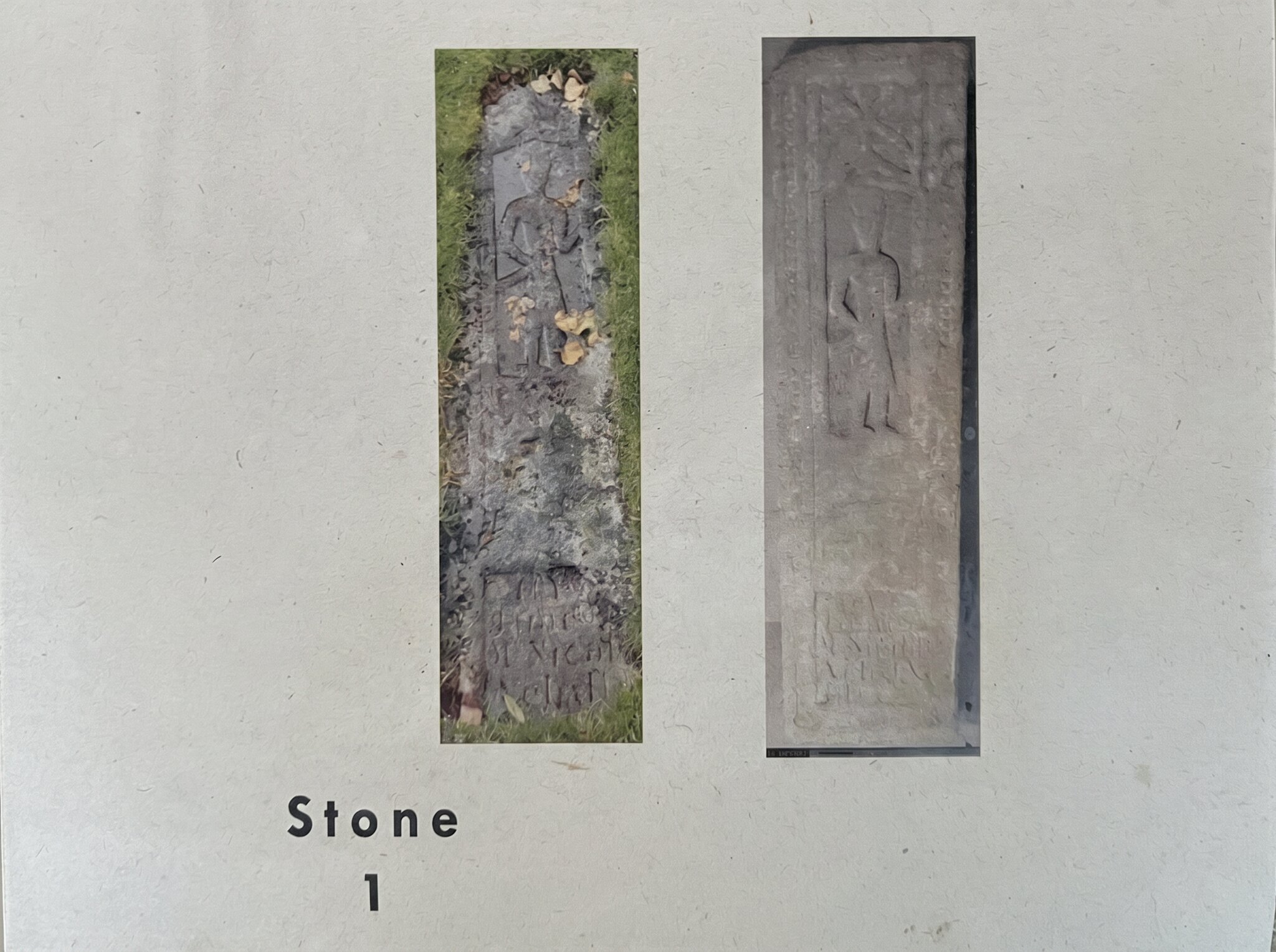 Guide card for Stone 1, with a recent and an older photograph of the slab side by side.