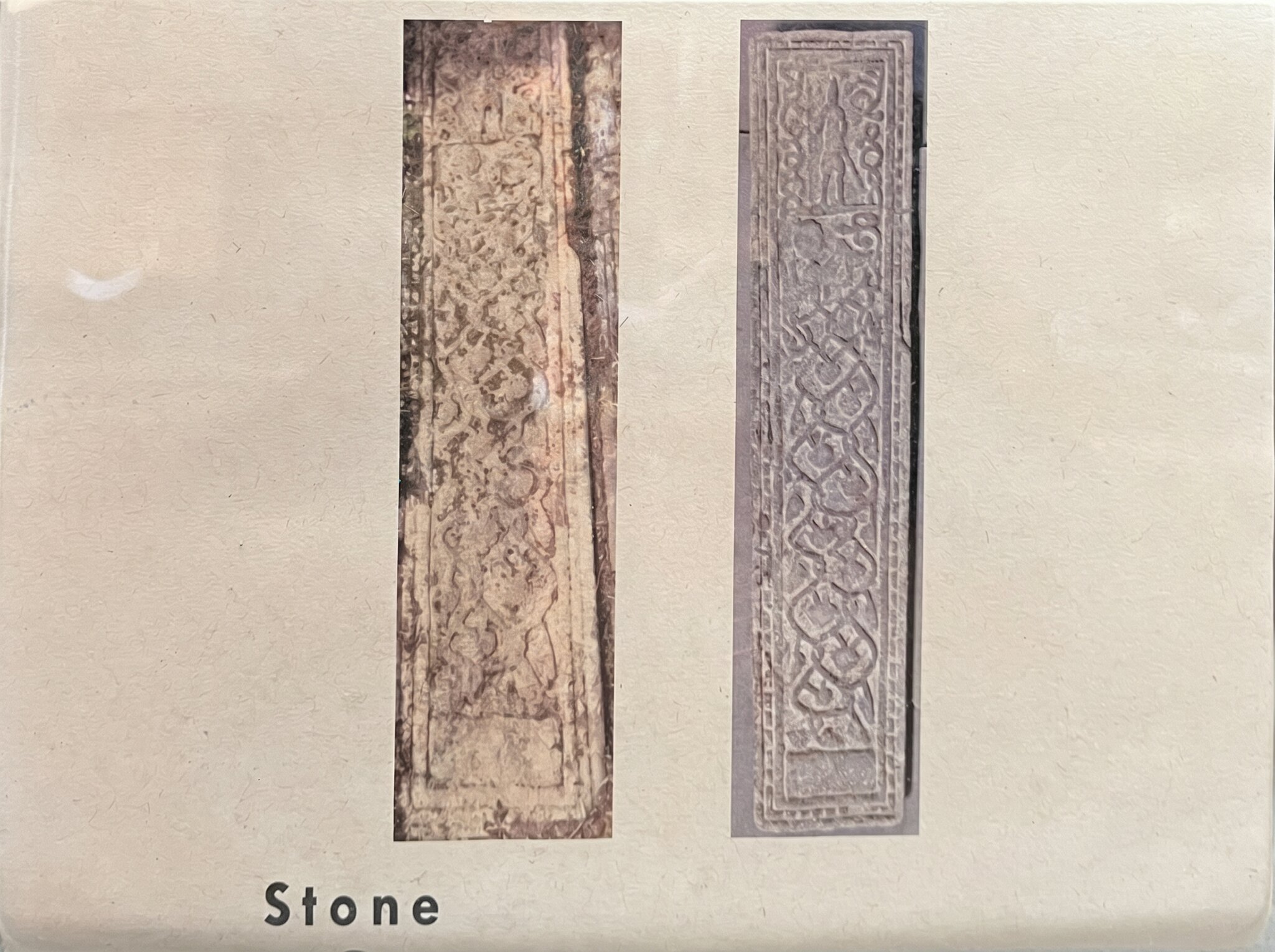 Guide card for Stone 2, the slab carved with a running pattern of foliage.