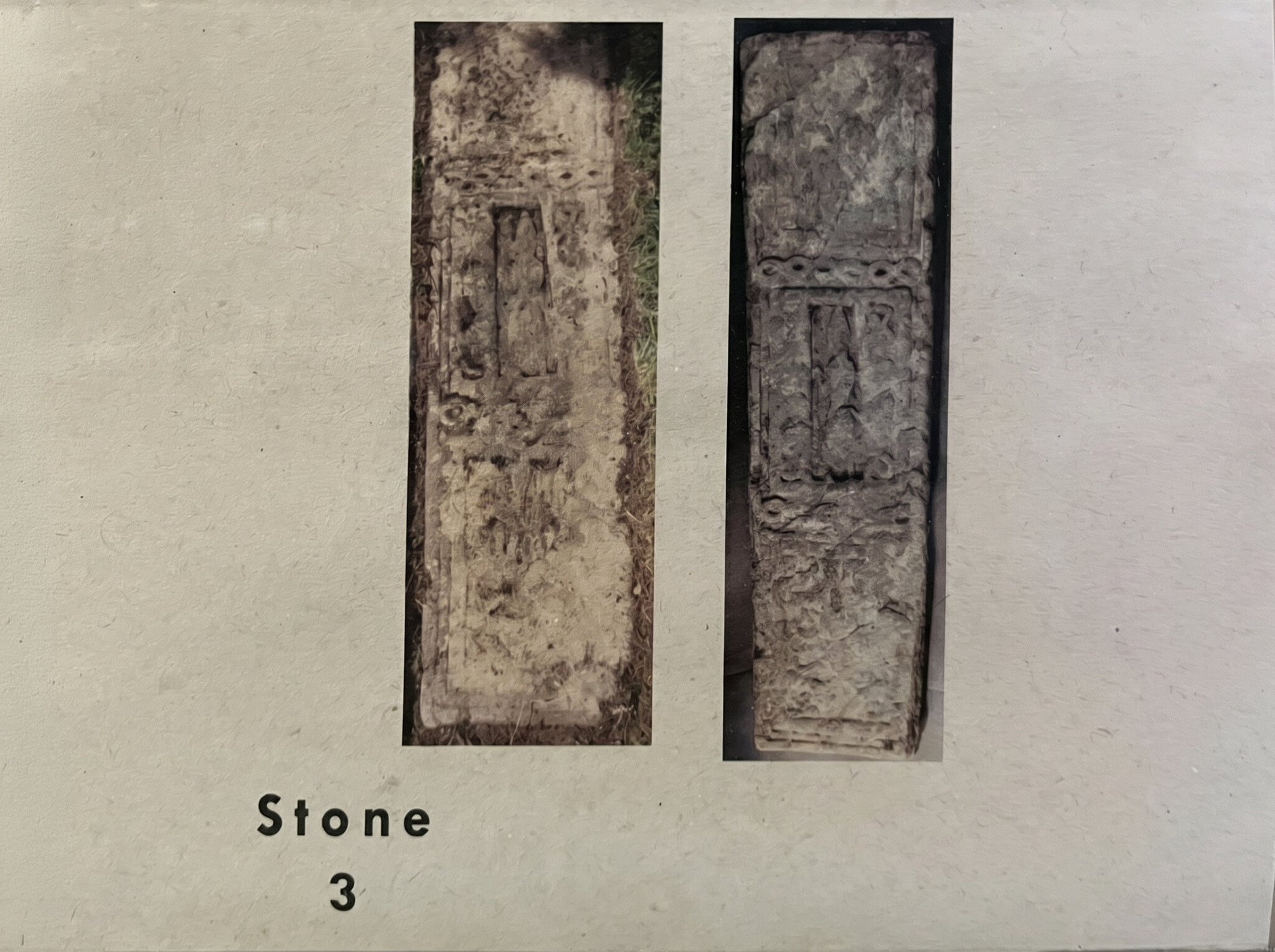 Guide card for Stone 3, with a recent and an older photograph of the slab side by side.