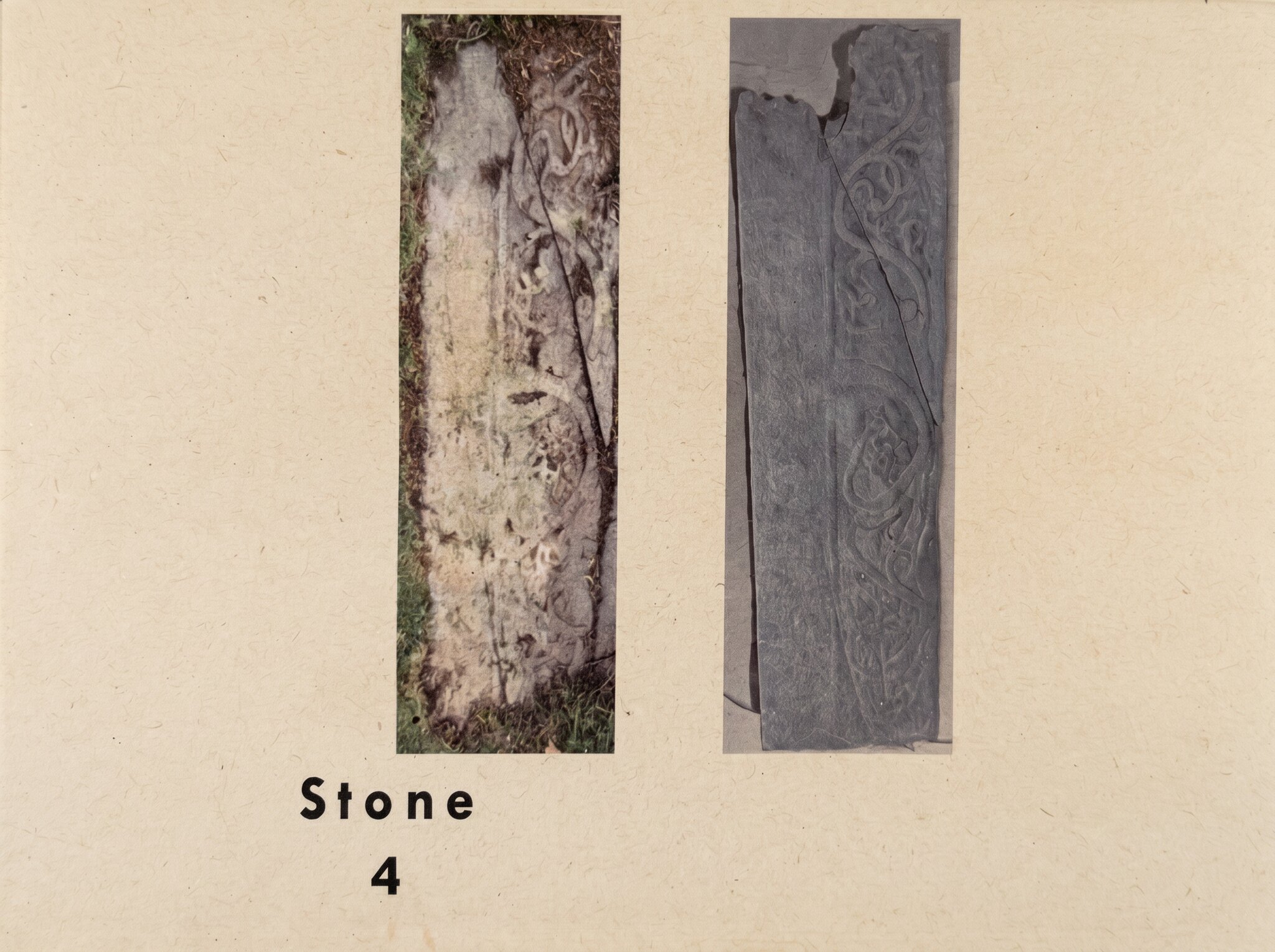 Guide card for Stone 4, with a recent and an older photograph of the slab side by side.
