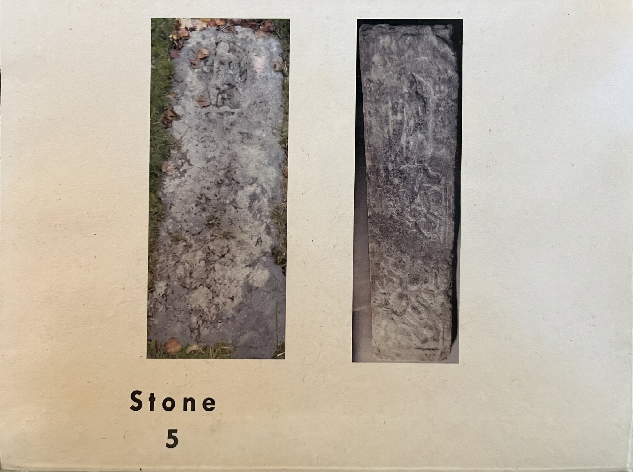 Guide card for Stone 5, with a recent and an older photograph of the heavily weathered slab side by side.