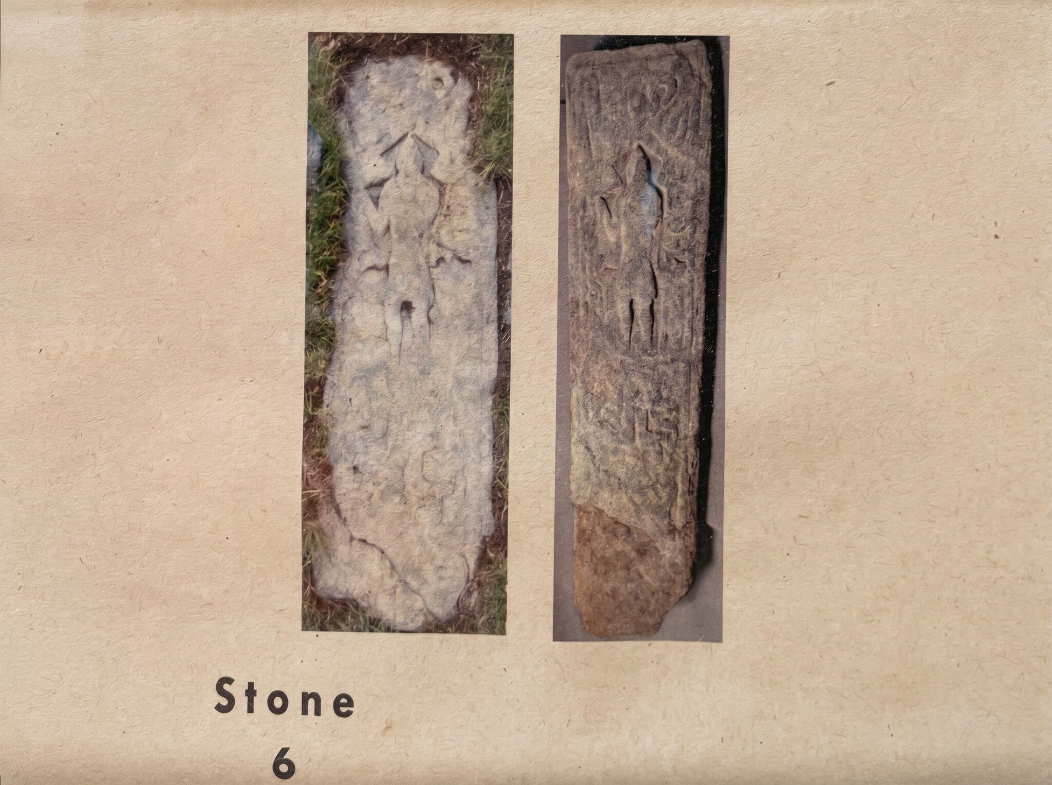 Guide card for Stone 6, with a recent and an older photograph of the slab side by side.