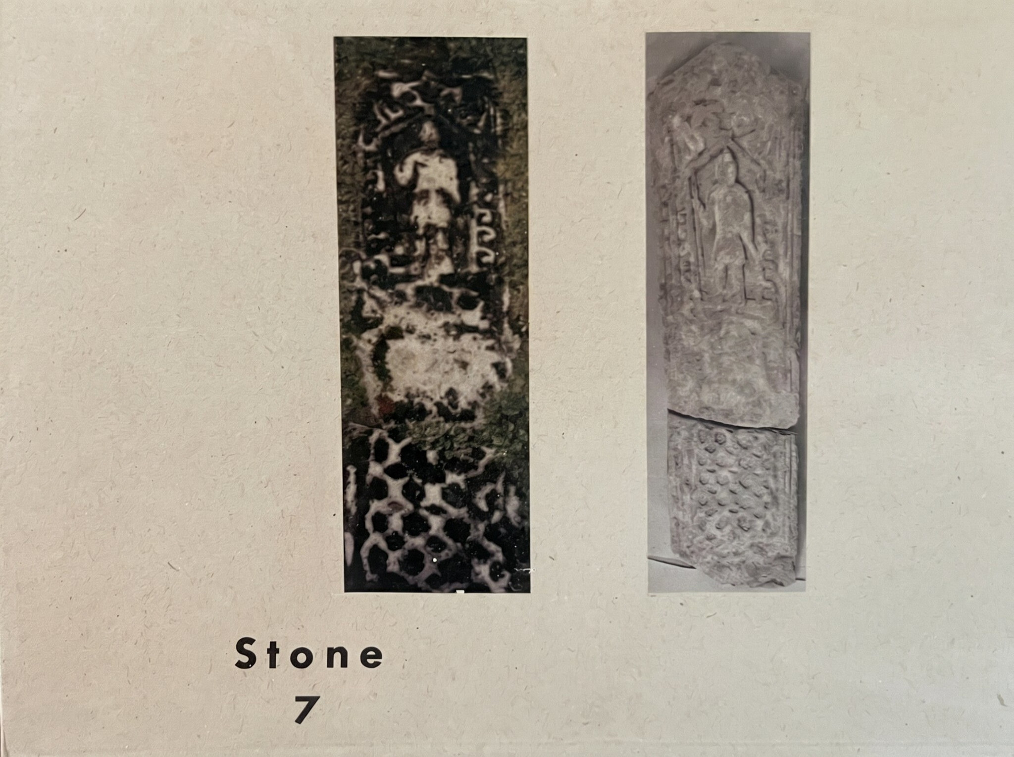 Guide card for Stone 7, the slab carved with a figure above a net-like interlace pattern.