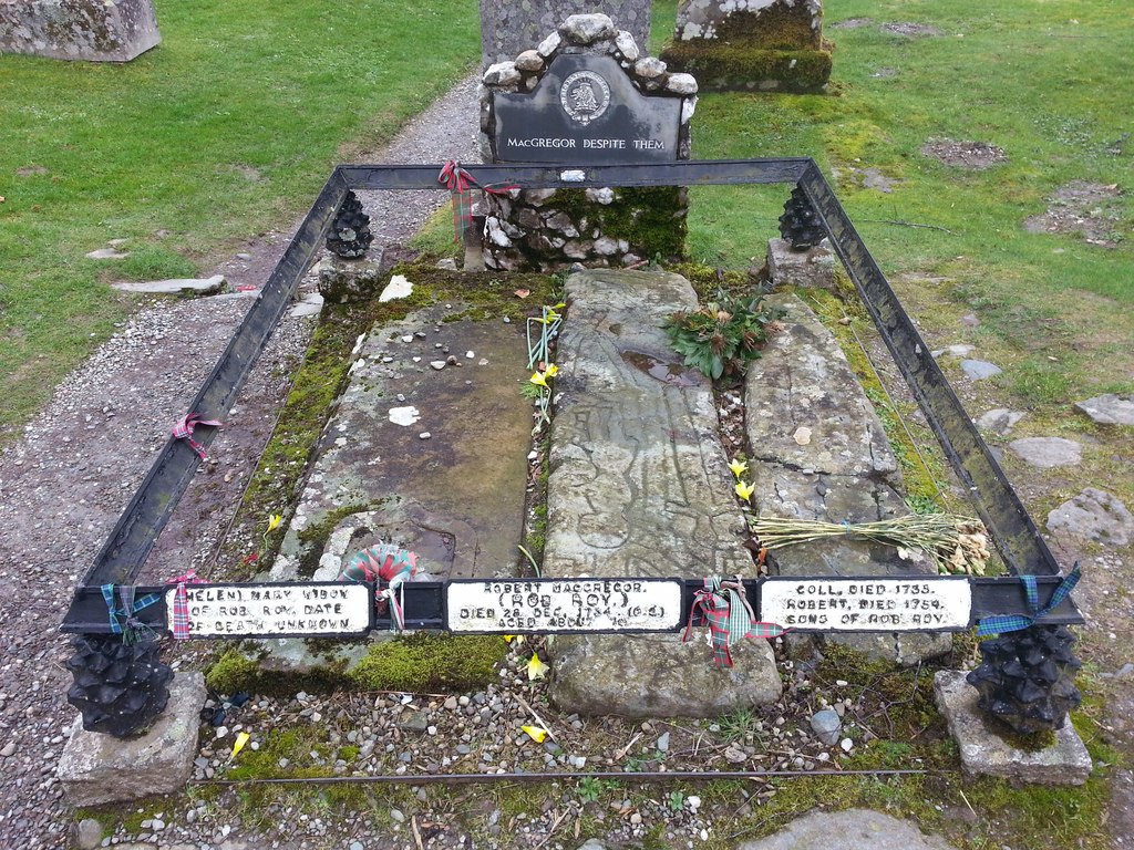 Rob Roy MacGregor's grave at Balquhidder Parish Church: the grave slabs within iron railings in the churchyard.