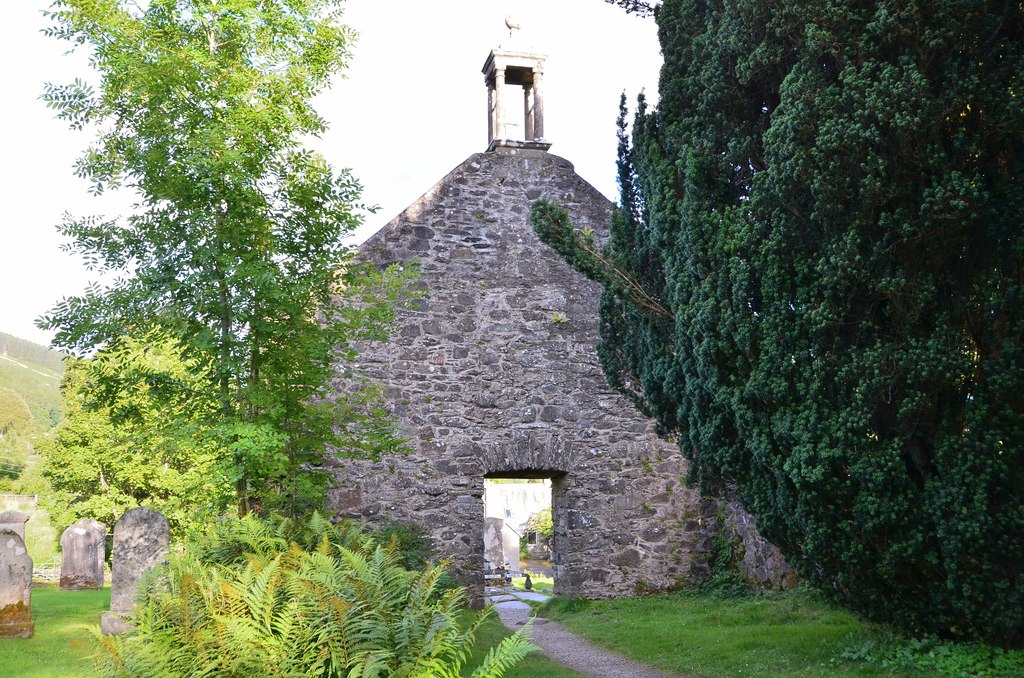 The roofless ruin of Balquhidder old parish church, with Rob Roy's grave lying just beyond the doorway.