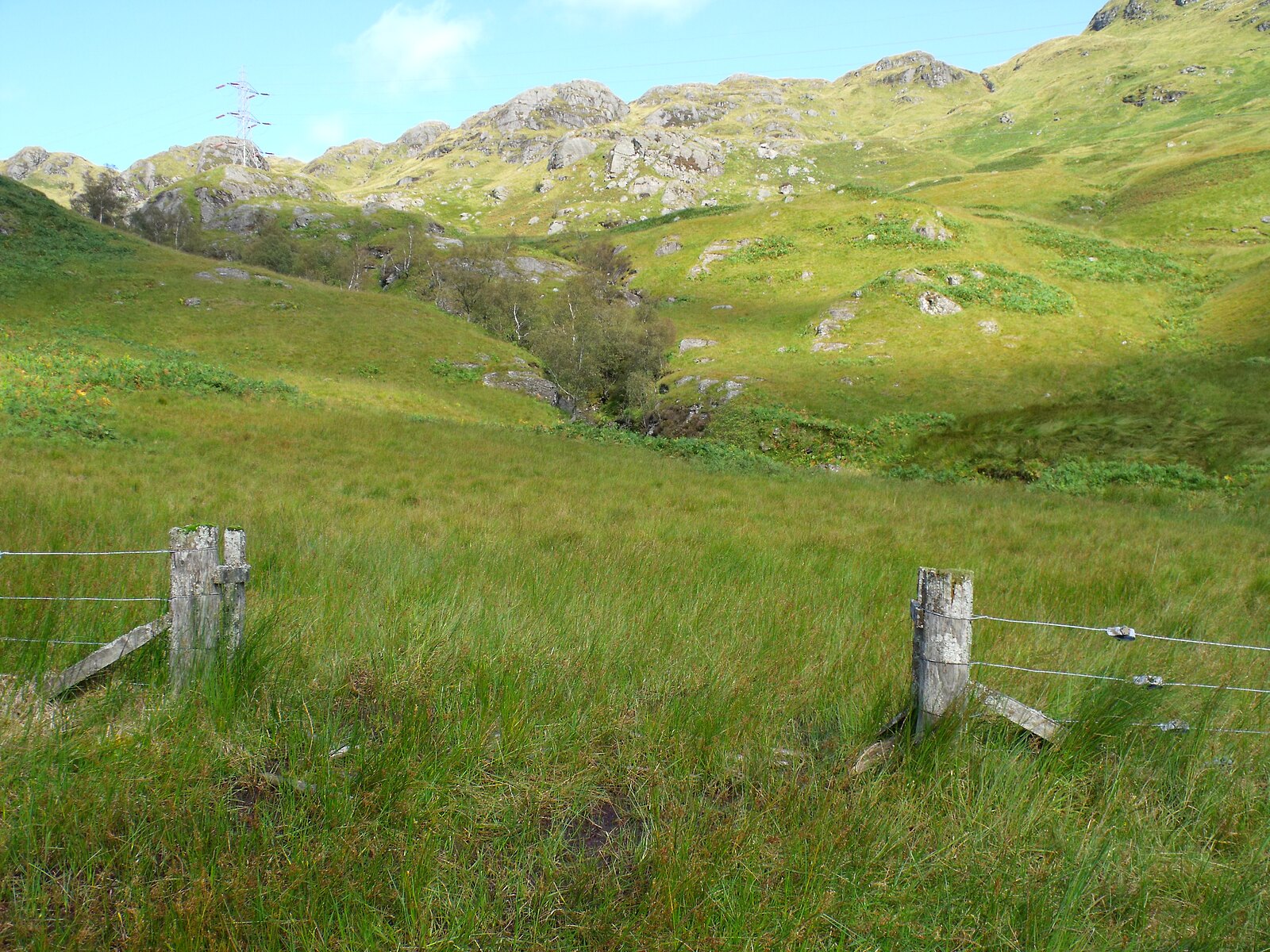 An old wire fence with weathered wooden strainer posts crosses the foreground; beyond it, the green-grassed floor of Glen Gyle rises to a jagged rocky ridge along the skyline.