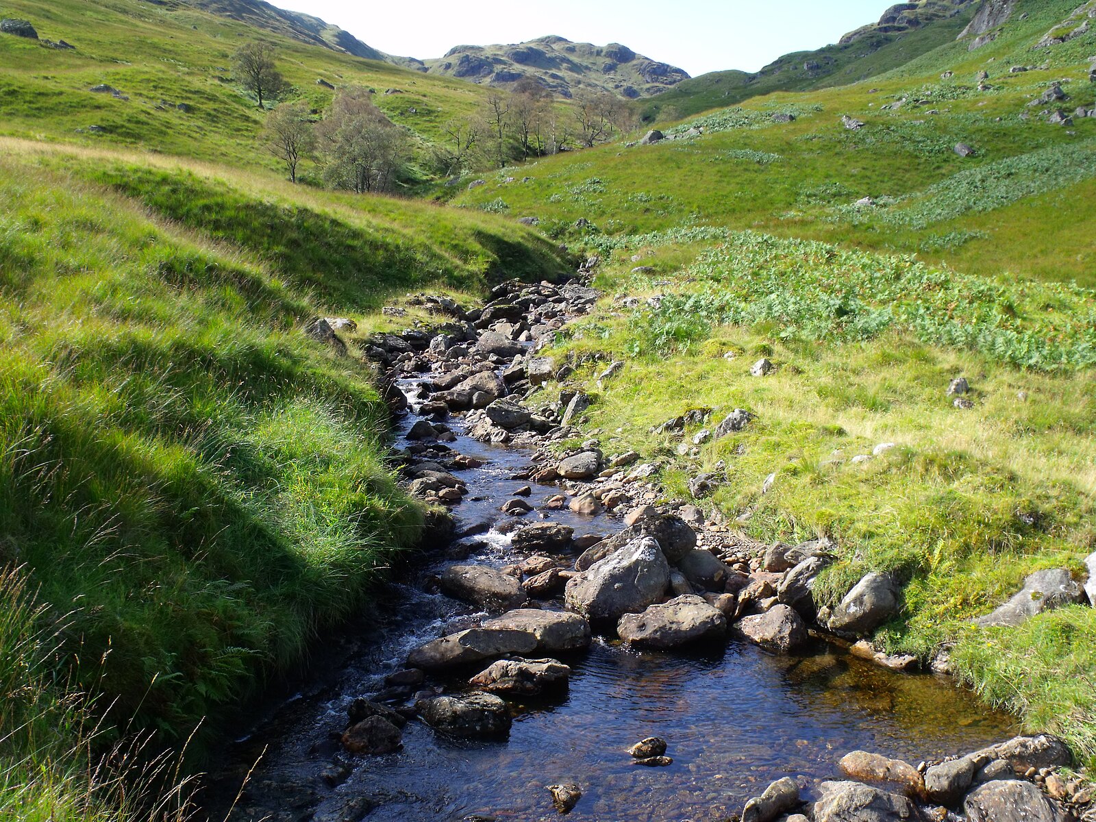 The Lag a' Chuirn burn flowing over a rocky stretch of its course in Glen Gyle, between mossy grass banks, with the floor of the glen rising to rocky outcrops in the background.