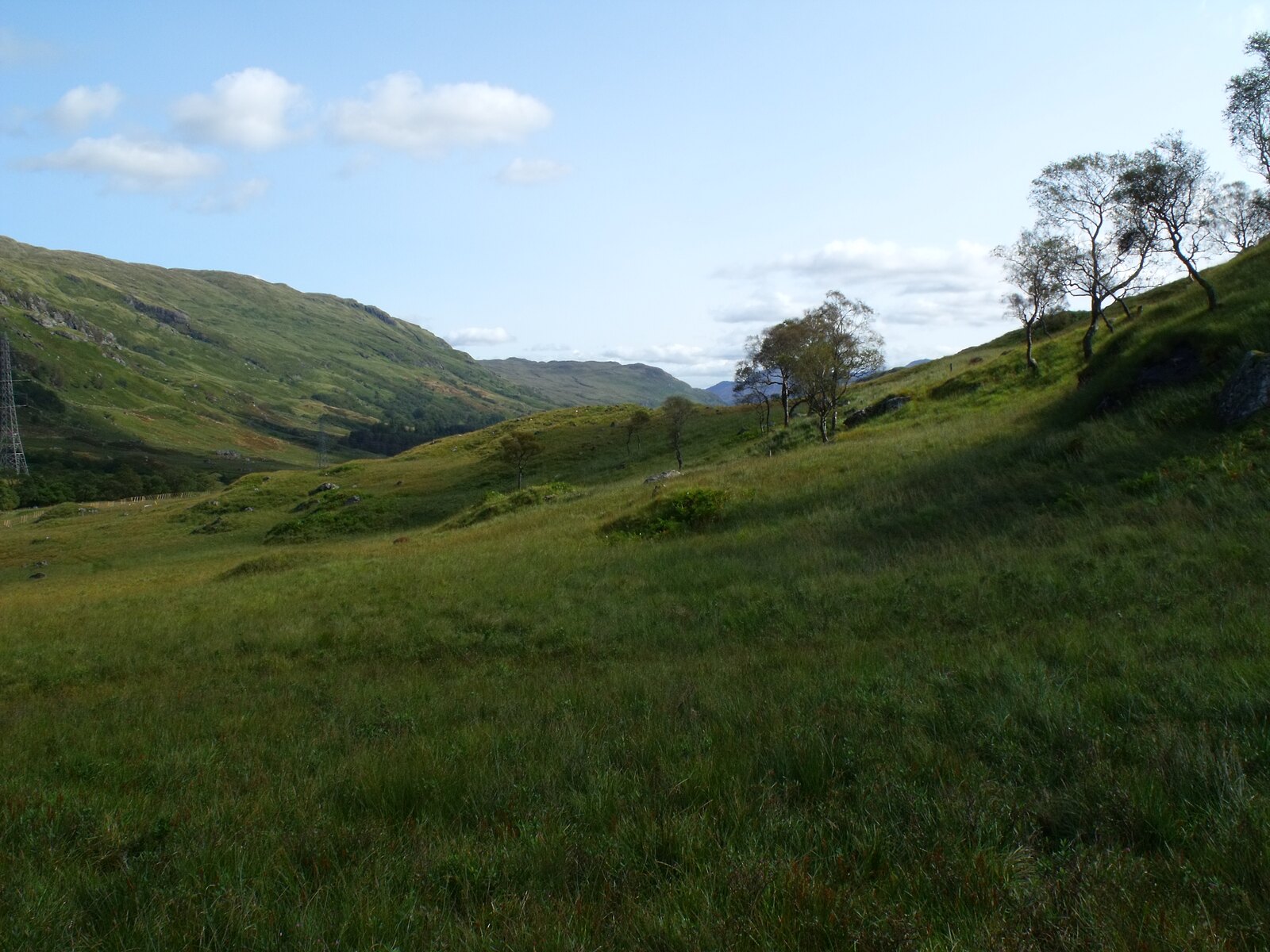 A long view east down the floor of Glen Gyle on a clear day - rough green pasture in the foreground, birches on the right-hand slope, and a procession of hills receding into the distance toward the head of Loch Katrine.