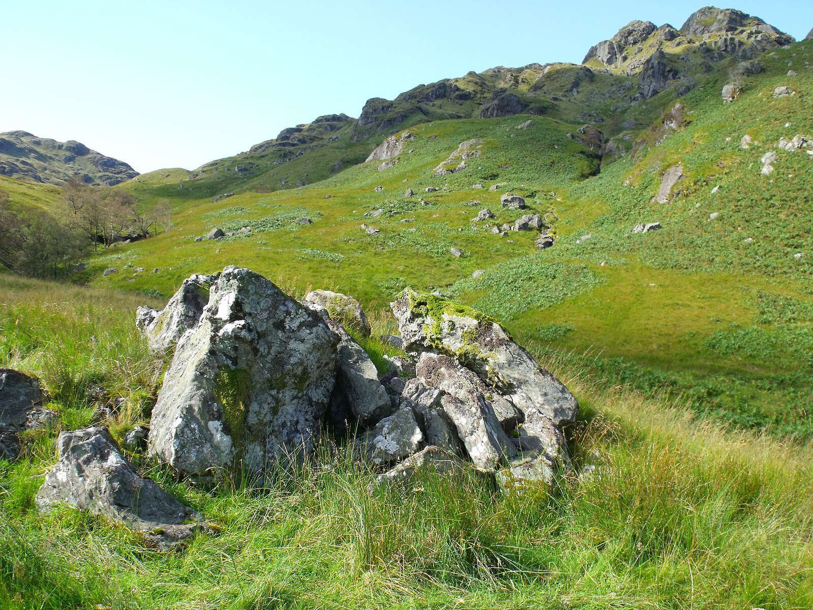 A weathered grouping of moss-stained boulders on a grassy knoll in Glen Gyle, with the open glen and the rocky lower slopes of the surrounding hills falling away beyond.