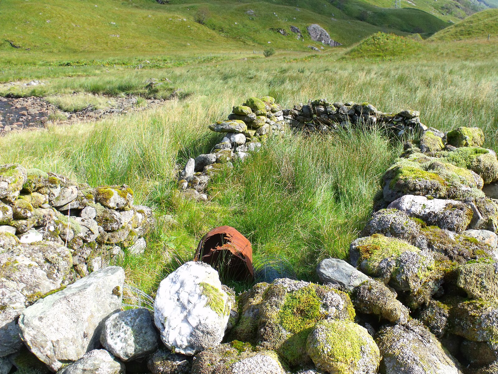 A low, roofless ruin of a small stone building in Glen Gyle, its drystone walls partly tumbled and overgrown with grass and moss, set among the rough pasture of the glen floor.