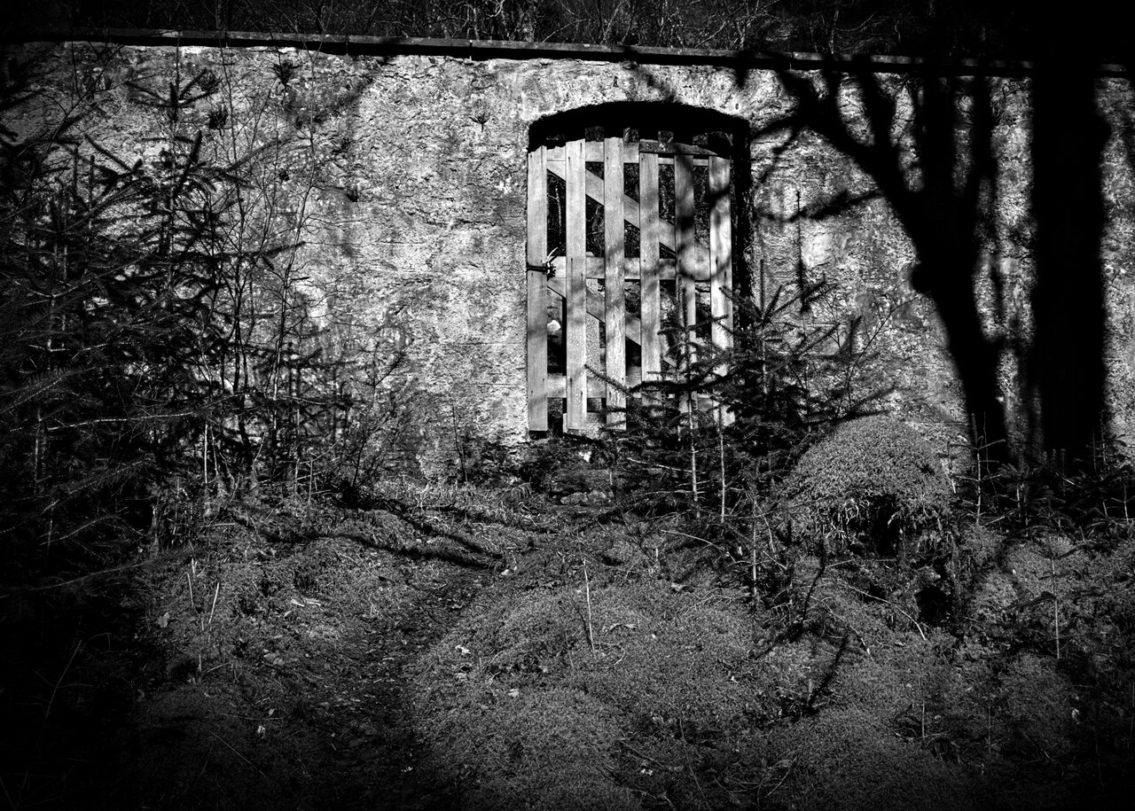 Black and white photograph of the burial enclosure's iron-grilled doorway set in a moss-covered stone wall, with conifers and undergrowth around it.