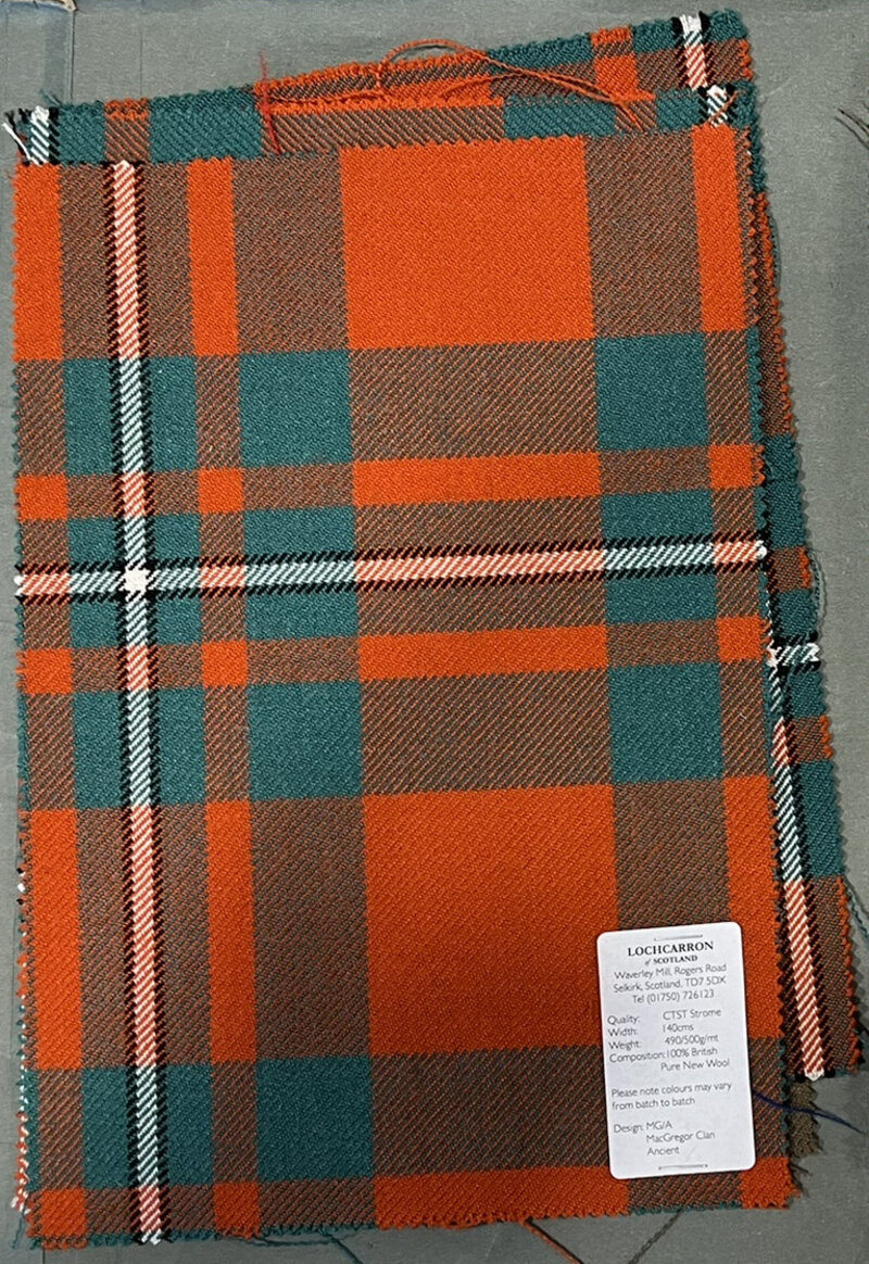 Woven MacGregor tartan swatch in lighter orange-red and teal-green.