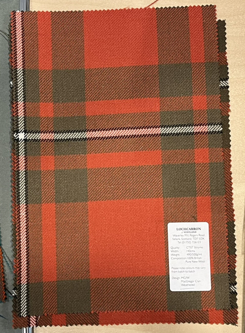 Woven MacGregor tartan swatch in earthy rust and olive-green.