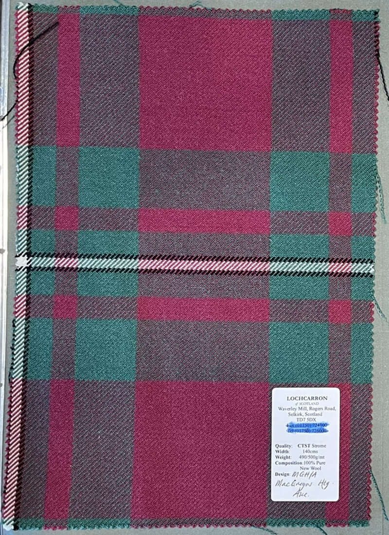 Woven MacGregor hunting tartan swatch in burgundy and muted green.