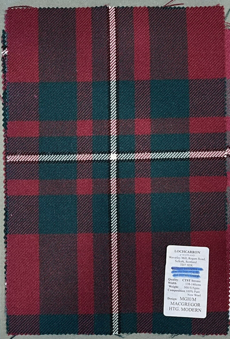 Woven MacGregor hunting tartan swatch in dark red and bottle green.