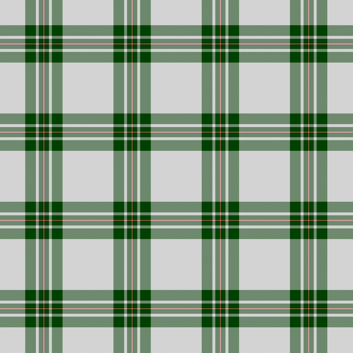 Woven tartan with a pale ground crossed by dark-green blocks and coral and black accent stripes - the MacGregor Dress Green dance tartan.